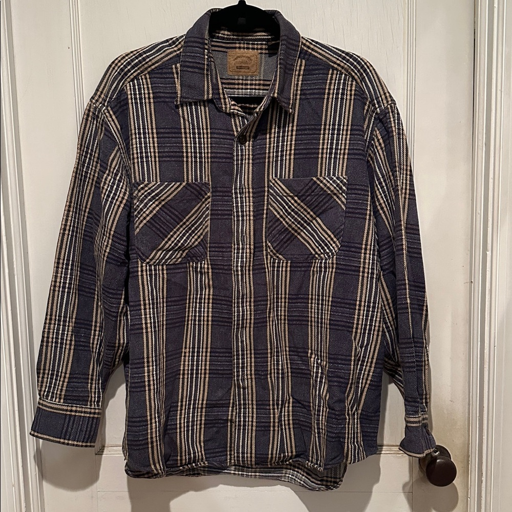 St. John’s Bay Navy and Tan Long Sleeve Plaid Button down flannel - XL
